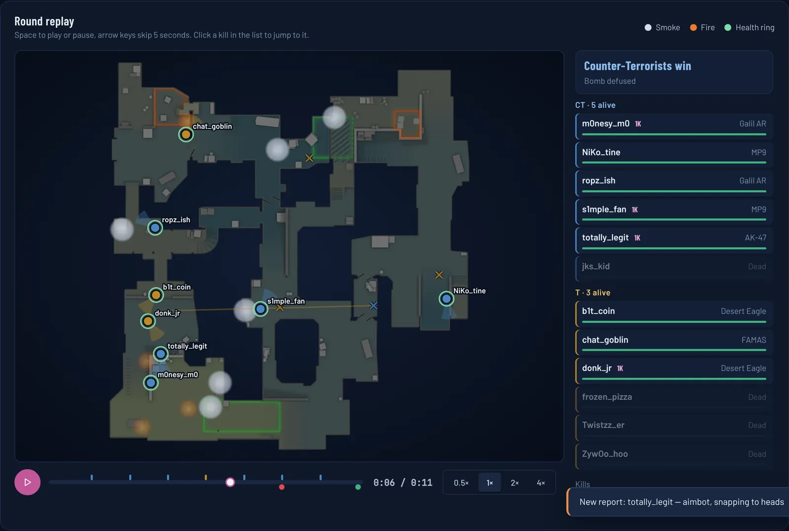 Round replay on a radar with players, kill lines and team rosters